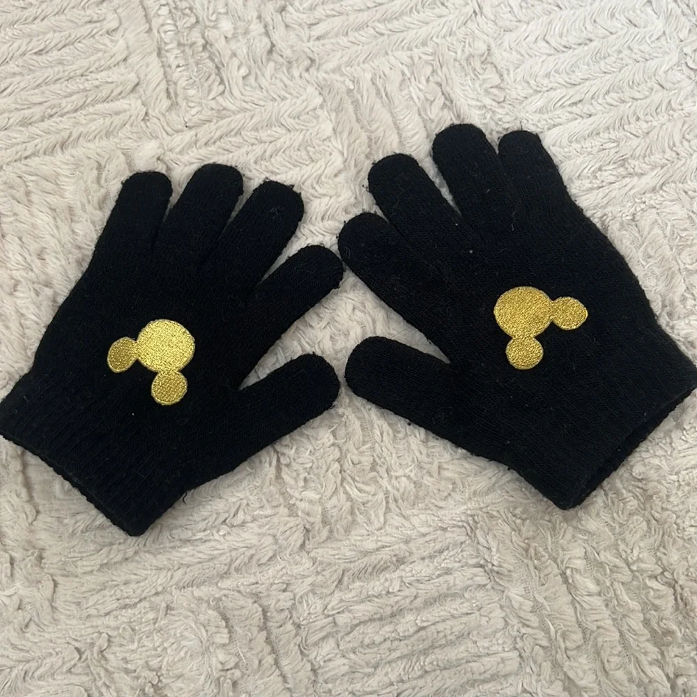 Black stretch knit gloves with gold color embroidered Mickey Mouse One size